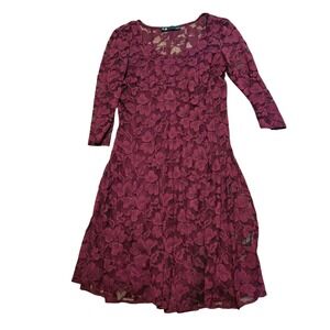 Leslie Fay Burgundy Lace Dress 3/4 Sleeve Fit Flare Size 10